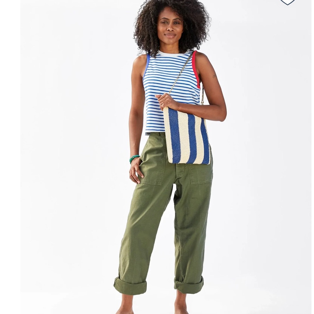 NWT Clare V Woven Racing Stripe Foldover Clutch W/ Tabs In Indigo & Cream